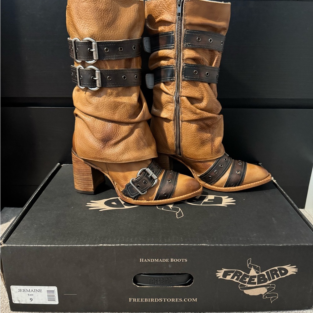 Freebird Tan and Black Heeled Boots